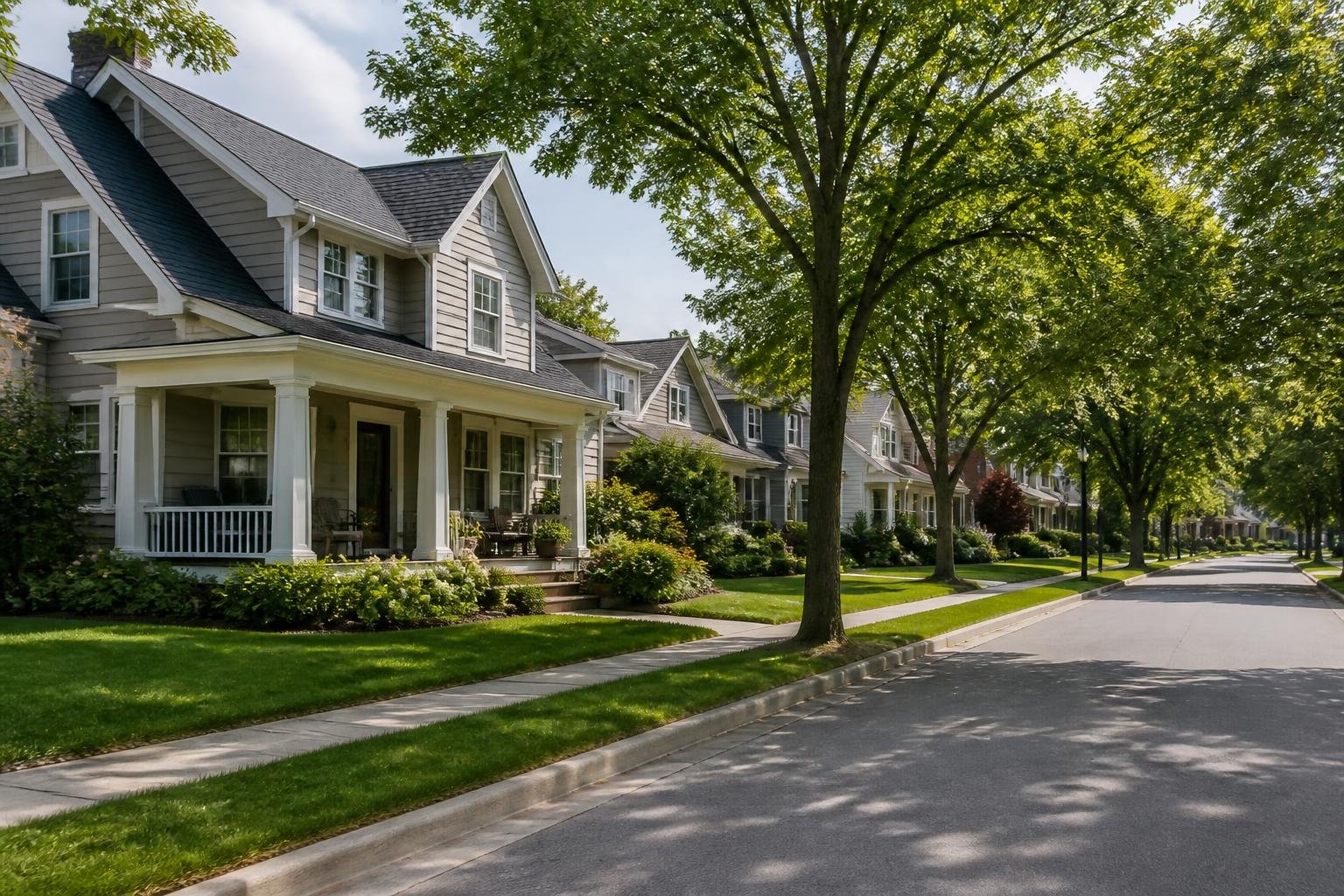 Quiet suburban street with tidy homes and mature trees.