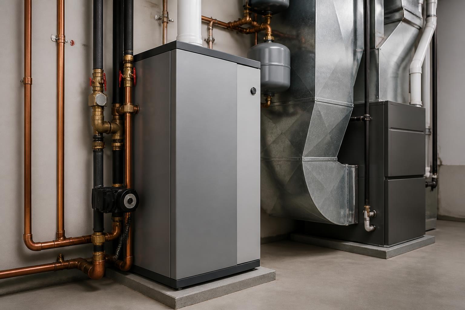 Neatly maintained home mechanical room with clean plumbing and HVAC equipment.