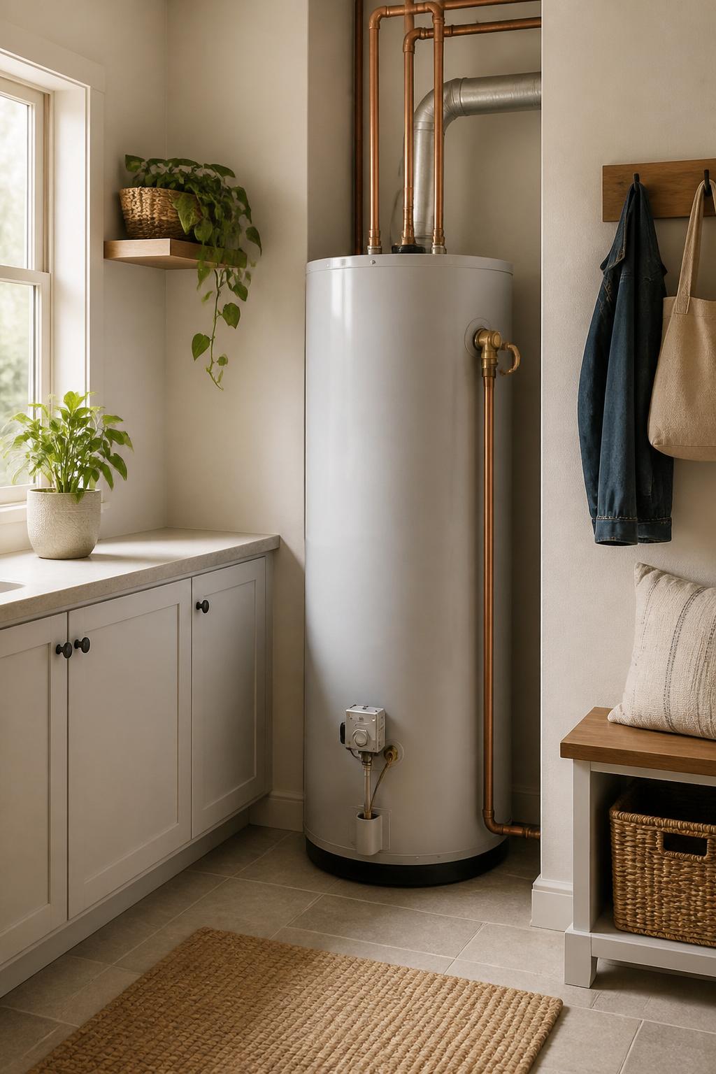 Modern utility room with a clean installed water heater and finished plumbing.